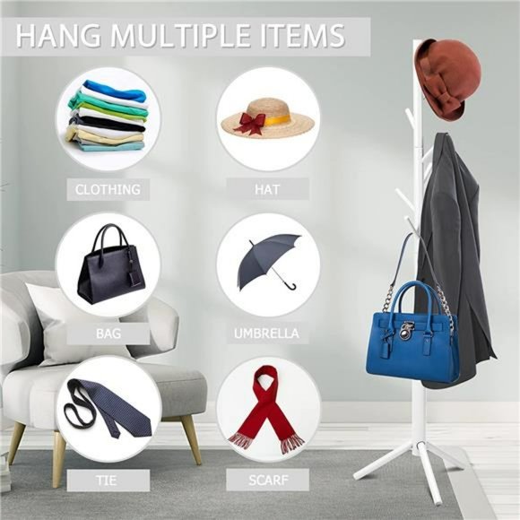 Coat Rack Freestanding with 8 Hooks 3 Adjustable Height Coat Racks Stand, White - Picture 6 of 6